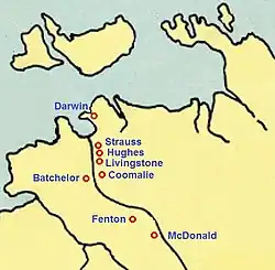 Map of Northern Territory with locations of airfields