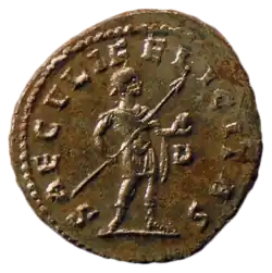 Moeda romana de Antoniniano mostrando Carino com o pilo e o orbe.