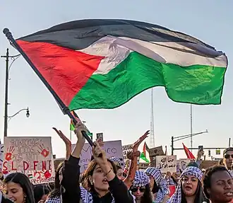 Uma mulher segurando uma bandeira palestina durante um protesto.