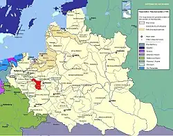 Mapa mostrando a localização da voivodia de Rawa (em vermelho) na República das Duas Nações.