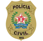 Distintivo da Polícia Civil de MG, com a estrela em vermelho e branco, faixa e laço em azul.