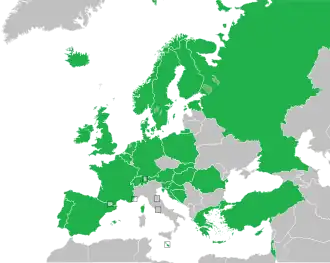 Mapa de países da Europa, Norte da África e Ásia Ocidental mostrando fronteiras em 1994; os participantes regulares do concurso são coloridos em verde