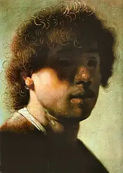 Retrato de um jovem, anônimo, século XVII Gemäldegalerie Alte Meister (Cassel) depois de Autorretrato da Juventude (Rembrandt) de c. 1628.