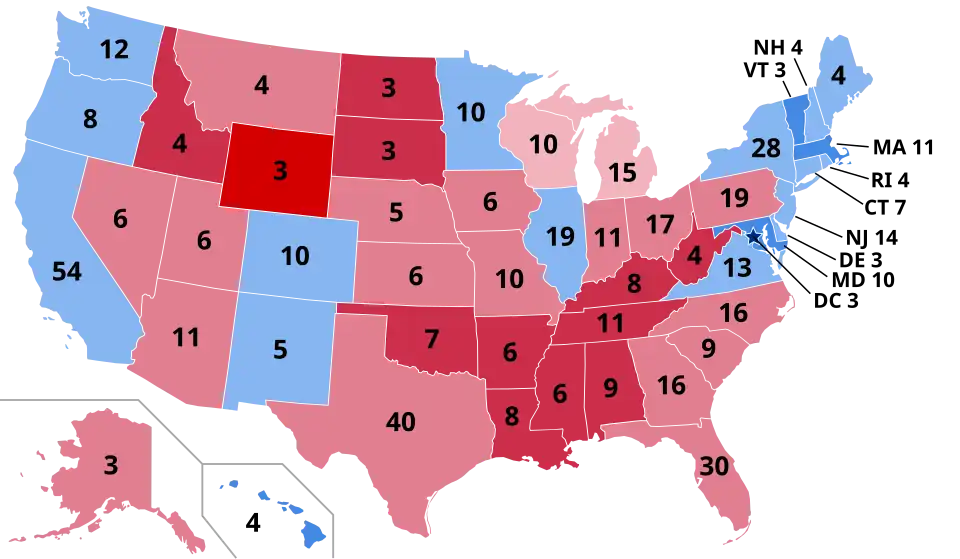 Resultados por percentual de votos em cada estado. Tons mais escuros indicam uma maior porcentagem de votos para o candidato vencedor. Este mapa não representa os resultados nos distritos congressionais do Maine ou Nebraska, que votam por distrito congressional e não de forma geral (at-large).