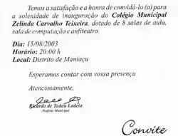 Convite para inauguração de escola municipal no distrito de Maniaçu, em Caetité