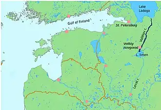 Localização do rio Volcova (em azul escuro)