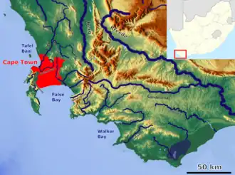Os rios da região do Cabo com o rio Eerste (centro esquerdo)
