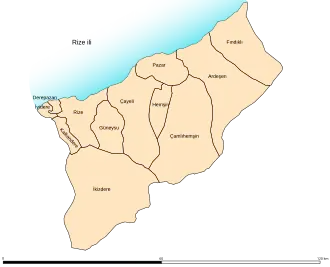 Mapa dos distritos da província de Rize