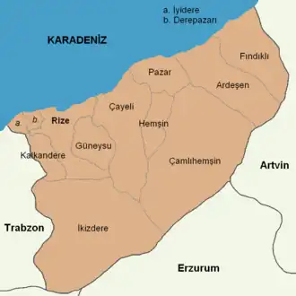 Mapa dos distritos da província de Rize