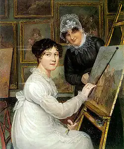 A artista Rolinda Sharples usa o cabelo em uma massa de cachos; sua mãe usa um boné interno transparente, c. 1820.