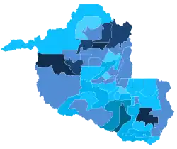Resultado por município do primeiro turno da eleição para governador em Rondônia em 2022.