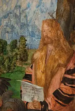 Representação de Dürer em “A Virgem da Festa do Rosário”, 1506, Galeria Nacional de Praga.