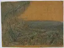 Seghers, Landscape with overhanging fir, c. 1615-30; etching and colour on linen