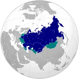Países em que o russo é a língua oficial (azul escuro) e/ou tem status elevado (turquesa)