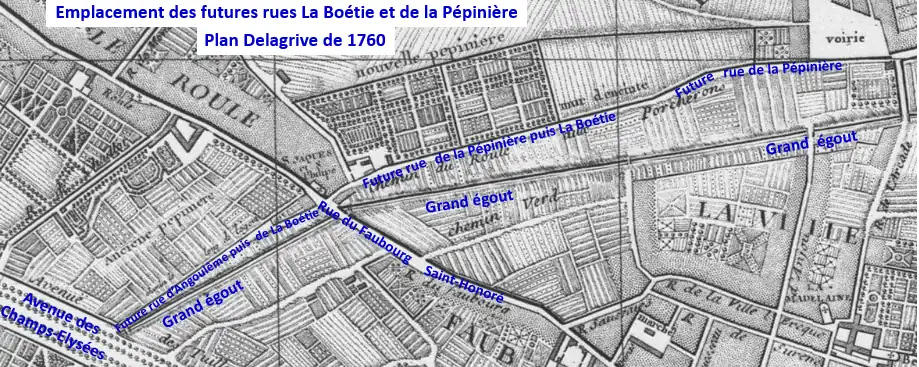Localização das futuras Rue La Boétie e Rue de la Pépinière em 1760