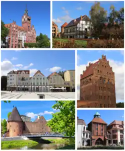 Prefeitura, Torre reconstruída com edifício adjacente, vista da fachada oeste da praça do Mercado Antigo, Portão do Moinho, Torre das Bruxas, Novo Portão