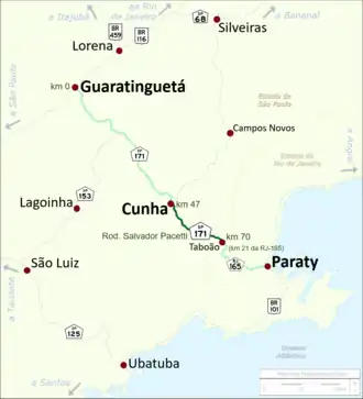 Trajeto da SP-171 (em verde)