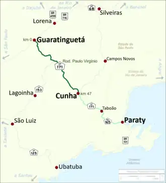 Trajeto da SP-171 (em verde)