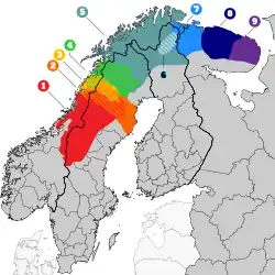 Áreas de uso da língua sámi, como língua minoritária na Suécia, em coexistência com a língua sueca e a língua finlandesa