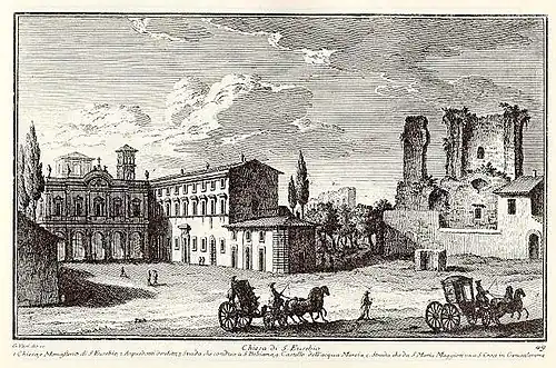 Gravura de Vasi (séc. XVIII) mostrando um espaço hoje ocupado pela praça. À esquerda está Sant'Eusebio e à direita, o Ninfeu de Alexandre.