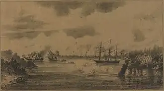 A canhoneira Araguari (comandante Hoonholtz) incendiando o vapor inimigo Paraguarí debaixo do fogo das baterias paraguaias do Riachuelo (Suplemento da Semana Ilustrada.).