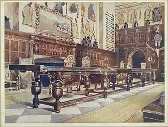 Shuffleboard table in a mansion in England in the 15th century. The game started sliding a large coin, known as a “groat,” down a big table. This game was called slide-groat or shove-groat. Courtesy of the New York Public Library, Digital Collections, Public Domain.