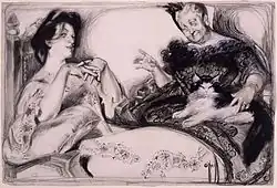 "Signs" de Rose O'Neill, um desenho para a revista Puck, 1904. Ethel: "Ele age desta forma. Ele olha para mim com ternura, é dinâmico quando estou perto dele, anseio quando negligencio ele. Agora, o que isso significa?" Sua mãe: "Que ele é um bom ator, Ethel."