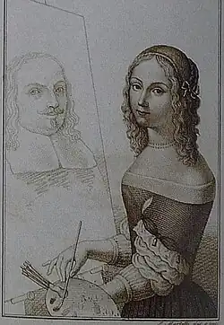 Elisabetta Sirani e seu pai, c.1665, gravura de Luigi Martelli