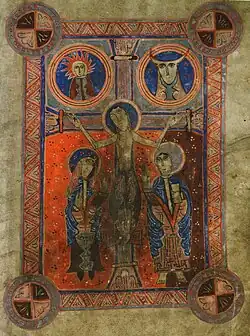 Crucificação de Cristo com a Santa Maria e São João, e ainda representações do Sol e da Lua