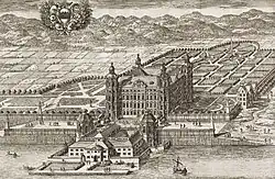 Imagem fantasiosa do palácio em Suecia antiqua et hodierna