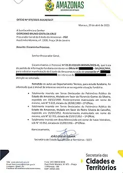 Manifestação da Secretaria das Cidades e Territórios narrando a situação fundiária de um imóvel no bairro Águas Claras localizado na área de sobrescrição de áreas de matrículas.