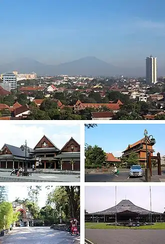 Da esquerda para a direita, de cima para baixo: 1) Vista geral; 2) Windujenar Market; 3) Omah Sinten; 4) Sriwedari; 5) Pura Mangkunagaran