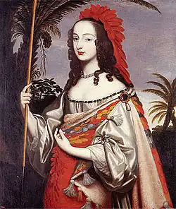 Sofia de Hanôver representada como índia sul-americana. A pintura, realizada à óleo, foi feita no ano de 1652, por sua irmã, Luísa Holandina do Palatinado.[9] Sofia aparece adornada com vestimentas fazem alusão ao manto, referência baseada em experiências e narrativas contadas por seu tio, João Maurício de Nassau, governador-geral da colônia holandesa no Brasil, entre os anos de 1637 e 1643.