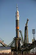 A nave pronta para o lançamento no Cosmódromo de Baikonur.