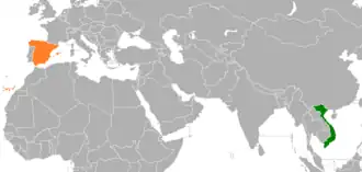 Mapa indicando localização da Espanha e do Vietnã.