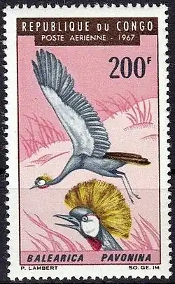 Um Grou-Coroado em um selo do Congo (1967)
