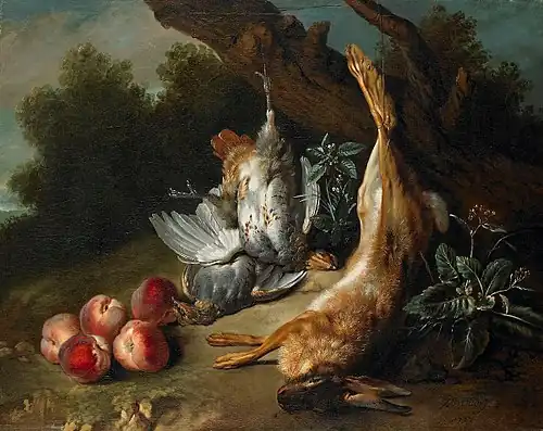 Natureza morta com caça morta e pêssegos em uma paisagem (1727), 80 x 100,3&nbsp;cm., Museu de Arte de Birmingham