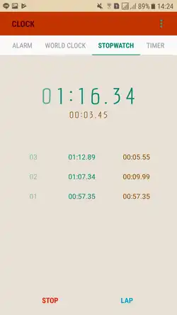 Um aplicativo de cronômetro digital em um dispositivo Android.