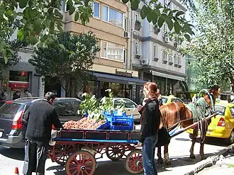 Vendedor ambulante de morangos numa rua de Cihangir