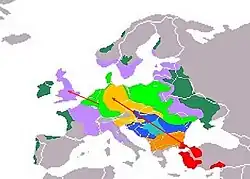 Propagação da espécie desde 1900 &nbsp;&nbsp;Cerca de 1900 &nbsp;&nbsp;Até 1928 &nbsp;&nbsp;Até 1938 &nbsp;&nbsp;Até 1946 &nbsp;&nbsp;Até 1949 &nbsp;&nbsp;Até 1957 &nbsp;&nbsp;Até 1963 &nbsp;&nbsp;Até 1973