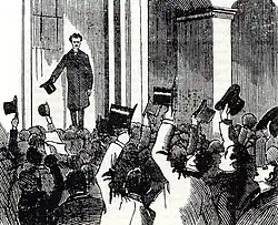 Ilustração de um jornal sueco contemporâneo, retratando o regresso de August Strindberg a Estocolmo, em 1884, para enfrentar acusações de blasfémia, decorrentes de um dos contos do primeiro volume do livro.