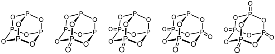 Estruturas de Óxidos de Fósforo: P4O6, P4O7, P4O8, P4O9, and P4O10.