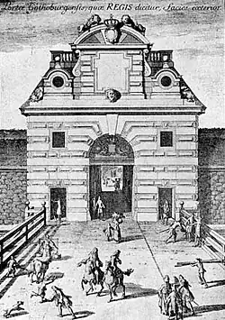 A antiga porta real de Kungsporten, em litografia de 1720