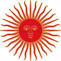 O Sol de Maio em vermelho, em uma das primeiras bandeiras do Peru, 1822