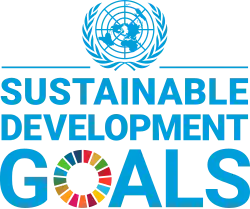 Logo for the United Nations Sustainable Development Goals with the UN symbol above the words "Sustainable Development Goals". The "O" in goals being a rainbow of colours
