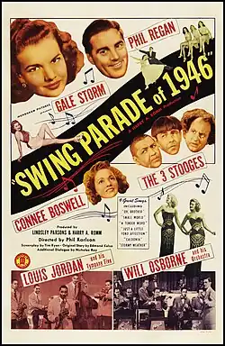 Cartaz de Swing Parade of 1946, único filme que os Three Stooges fizeram na Monogram