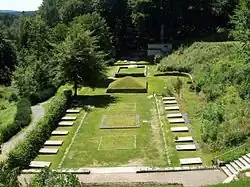 Vista panorâmica de um vale gramado com várias esculturas e memoriais de pedra.
