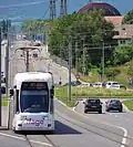 Linha do elétrico n° 14 dos TPG Tramway Cornavin - Meyrin - CERN (TCMC) na paragem do Hospital de La Tour