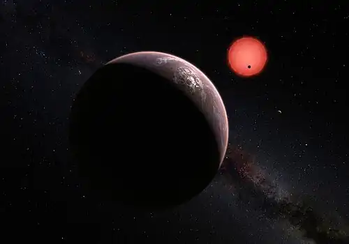 Representação artística de três planetas orbitando TRAPPIST-1.