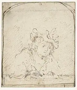 Autorretrato do artista desenhado, desenho de Aert de Gelder (c. 1661-1663, Rijksmuseum Amsterdam). Inspirado nos últimos trabalhos de Rembrandt em seu estúdio[96].